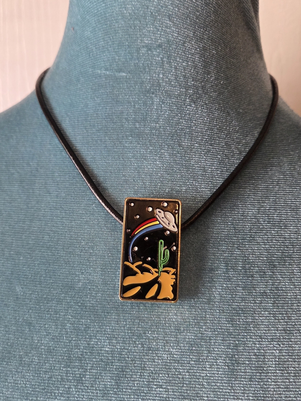 Handmade Enamel Desert UFO Pendant Necklace - Black, Yellow, Green